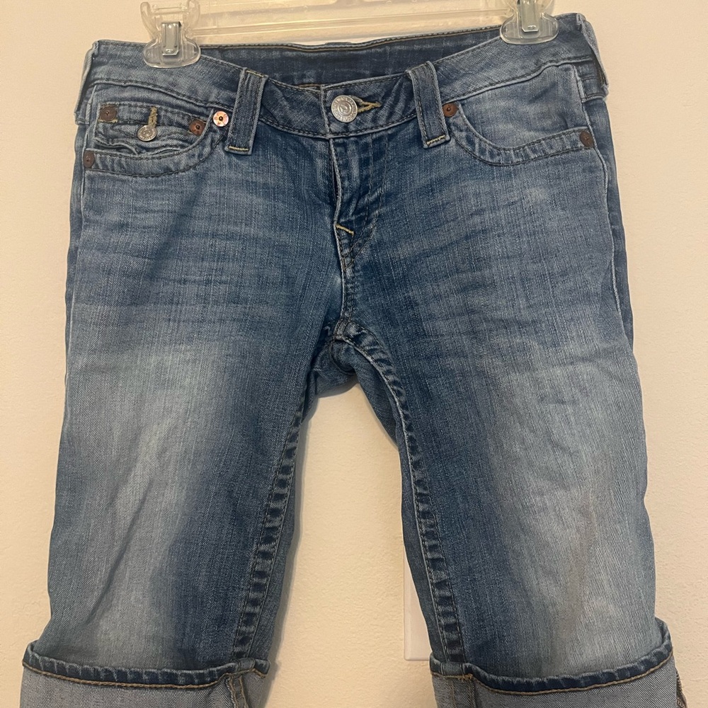True Religion Light Blue Cropped Jean Shorts with Cuffed Hem